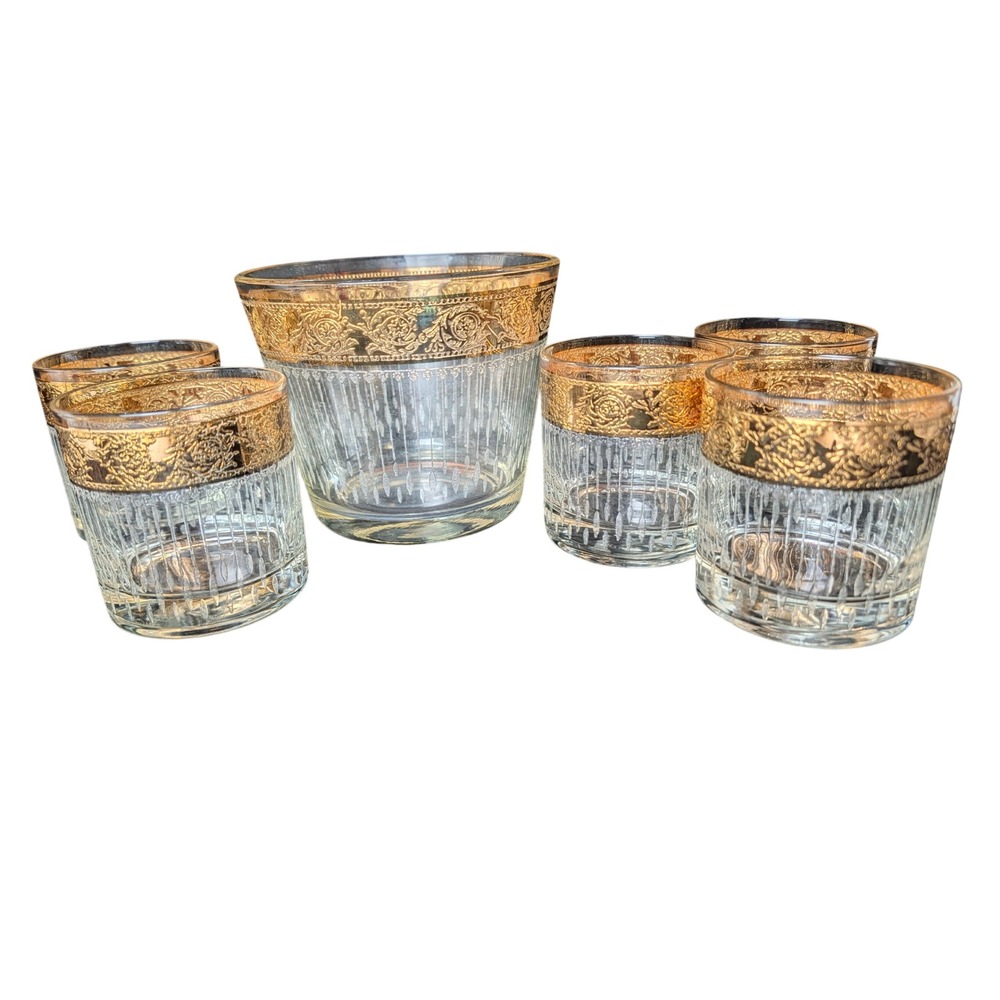Vintage 22K Gold Encrusted Floral Glass Ice Bucket & 6 Rock glasses set